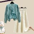 ブルー/ニットセーター+アプリコット/スカート