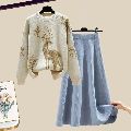 アプリコット/ニットセーター+ブルー/スカート