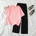 ピンク/Tシャツ+ブラック/ワイドパンツ/2点セット